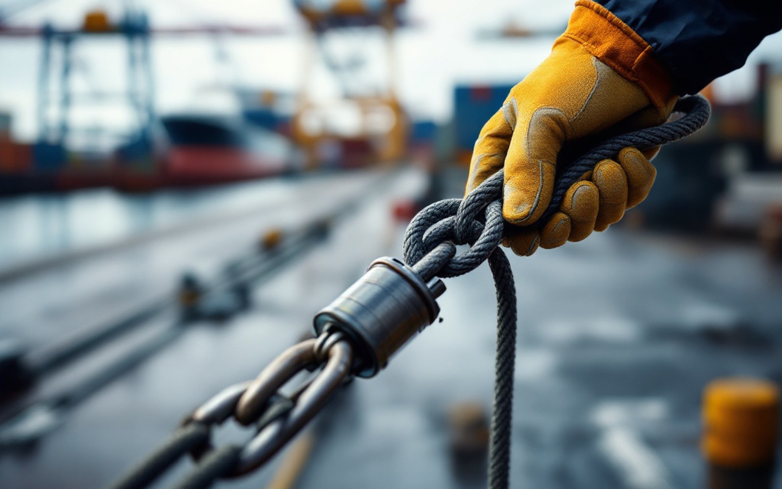 A lashing rod and twistlock held in a gloved hand